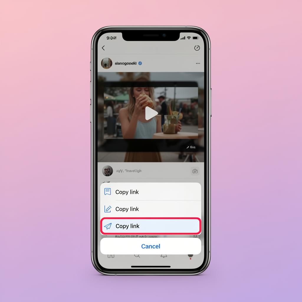 Smartphone showing how to copy an Instagram link from the share menu