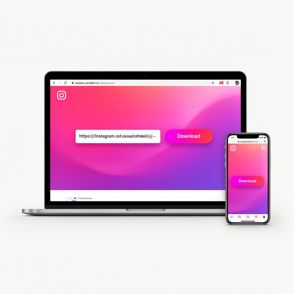 Laptop and phone showing the InstaGrab paste URL field with a Download button