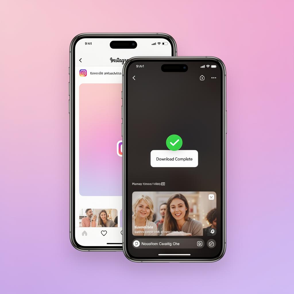 Smartphone showing a successful Instagram video download with a green checkmark